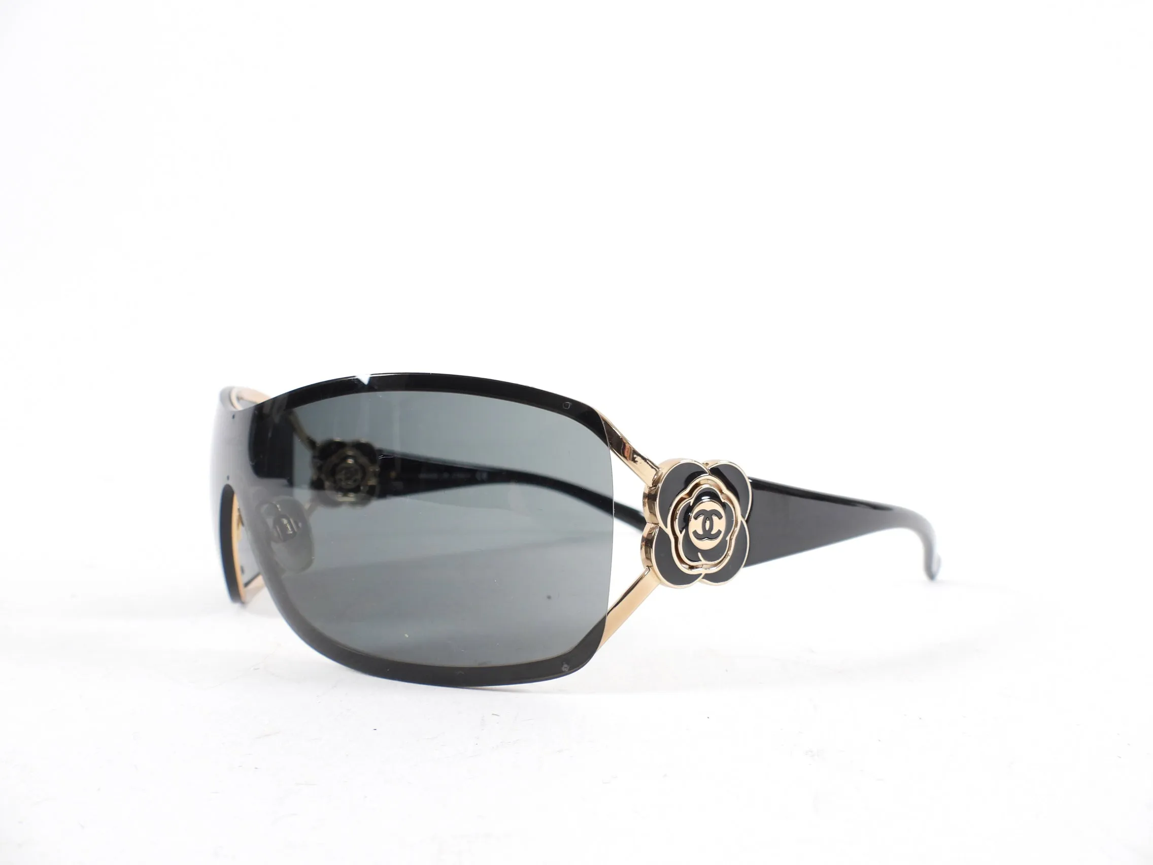 Chanel 4164 Black and Gold Shield Camelia Sunglasses