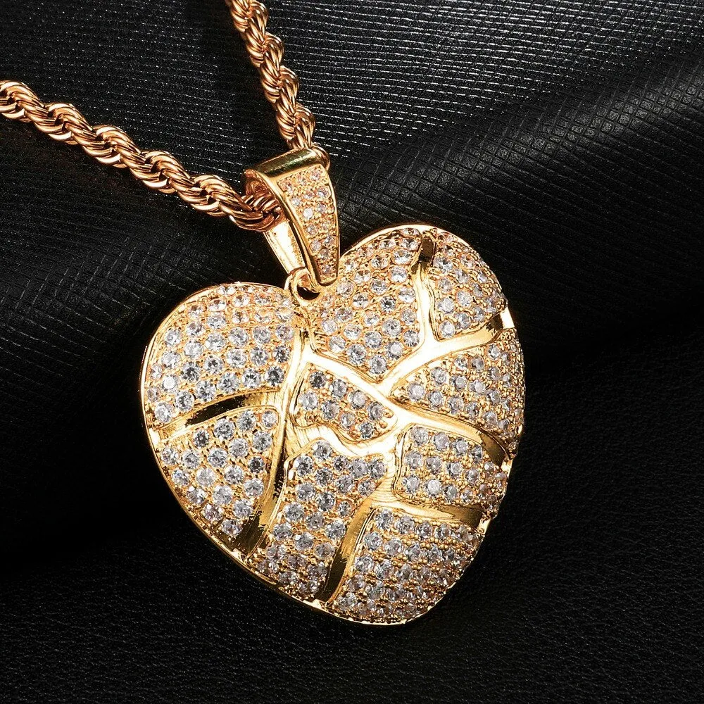 Cubic-Zirconia-Studded Gold-Plated Broken Heart Bling Copper Hip-hop Pendant Necklace