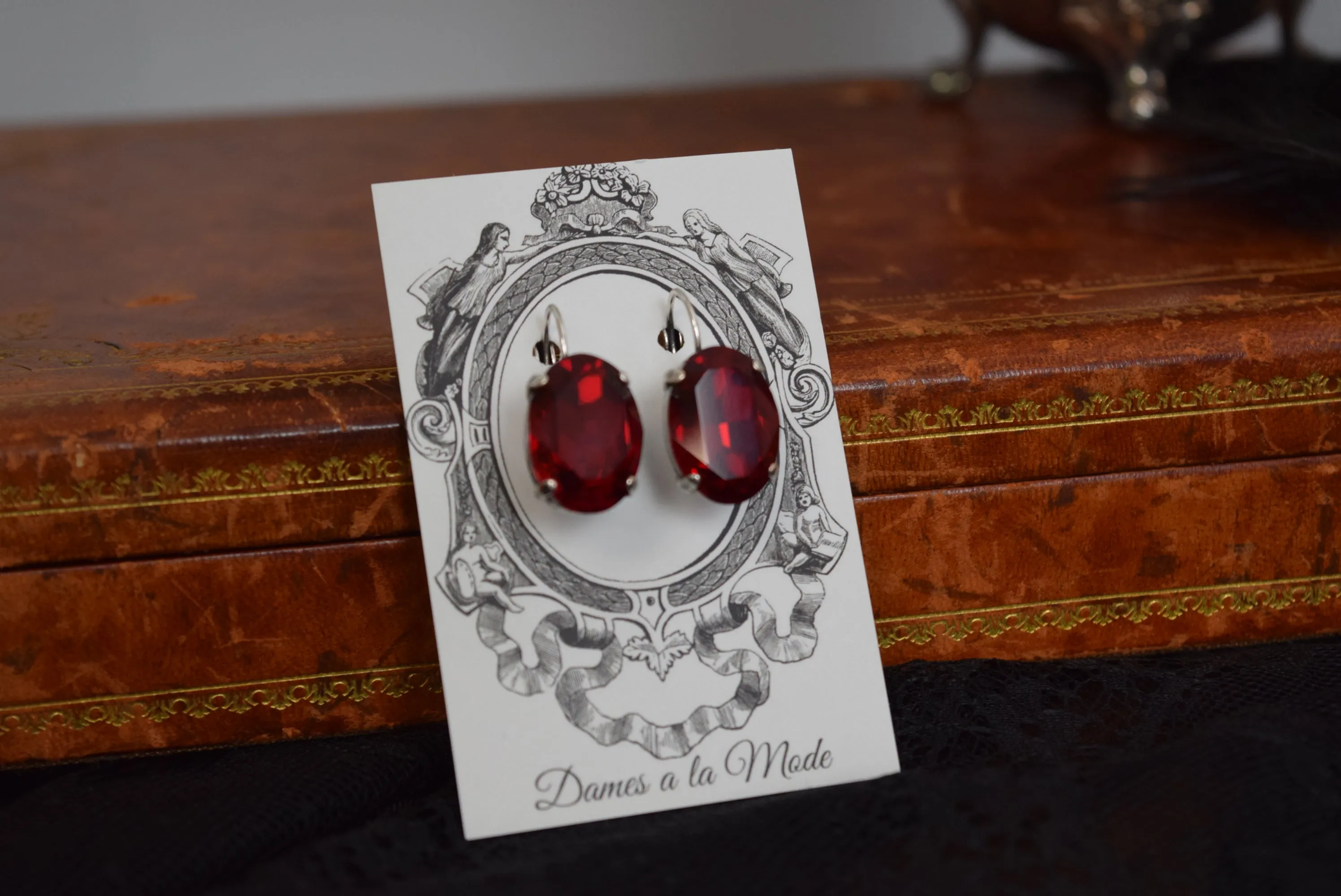 Deep Red Aurora Crystal Earrings - Large Oval