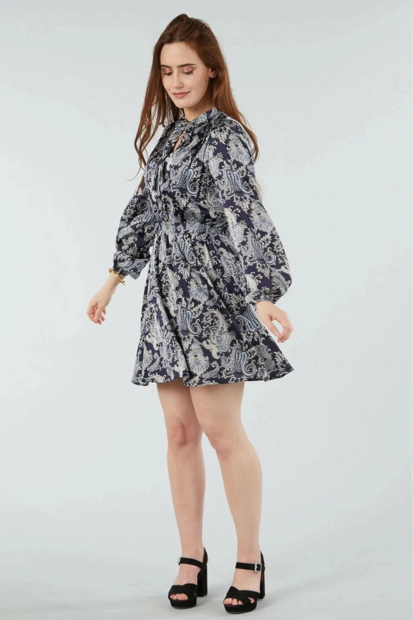 Double Second Navy Paisley Print Pussybow Dress