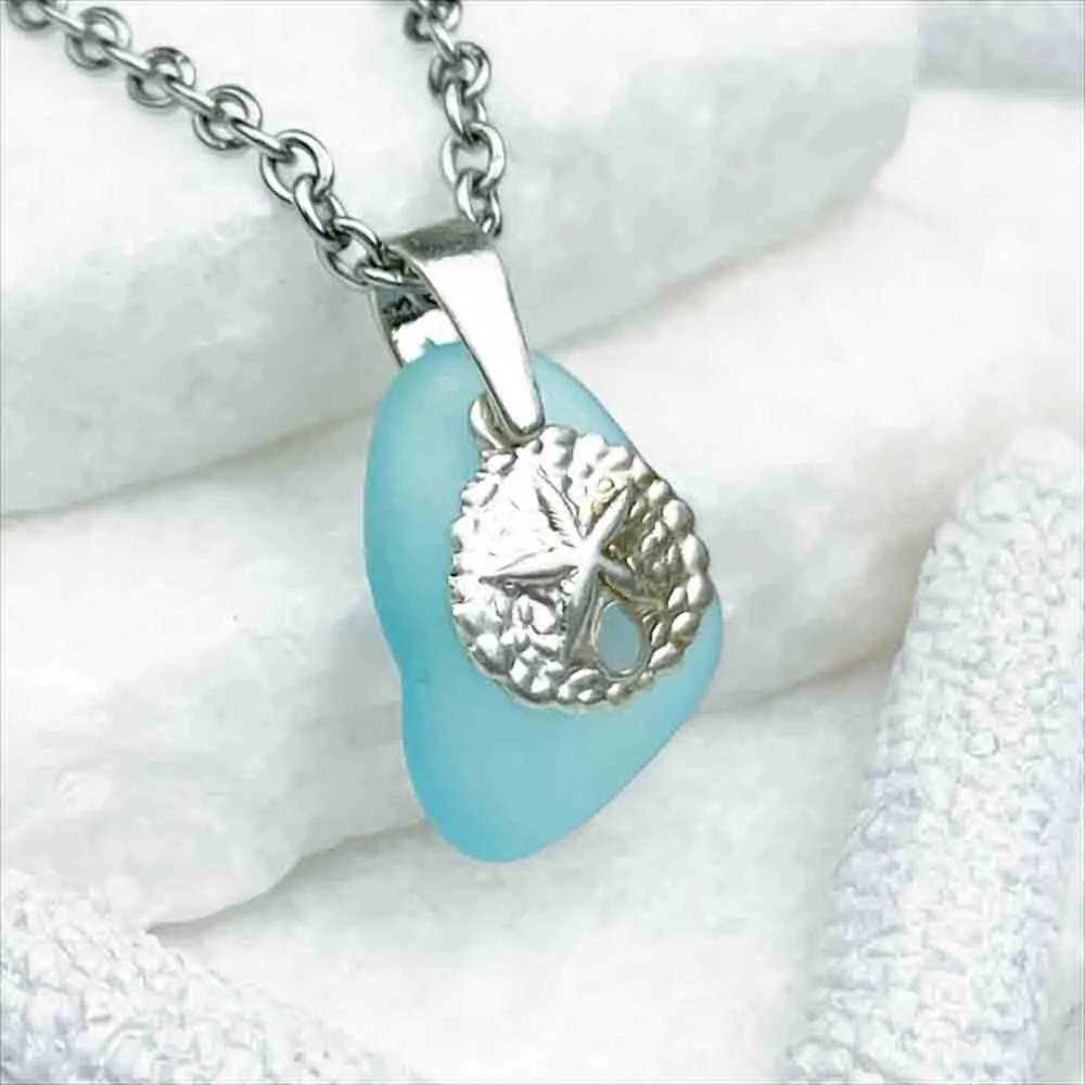 Glistening Aqua Sea Glass Pendant with Sand Dollar Charm | 5222