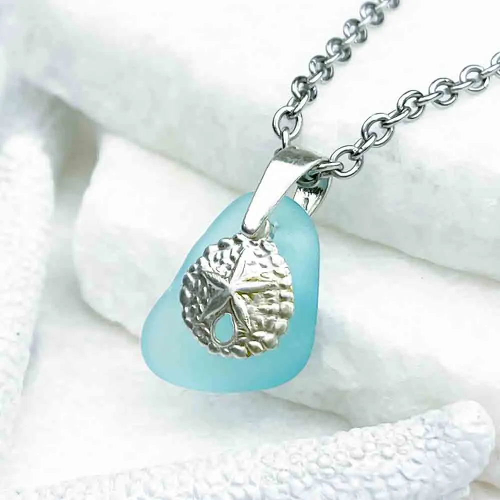 Glistening Aqua Sea Glass Pendant with Sand Dollar Charm | 5222