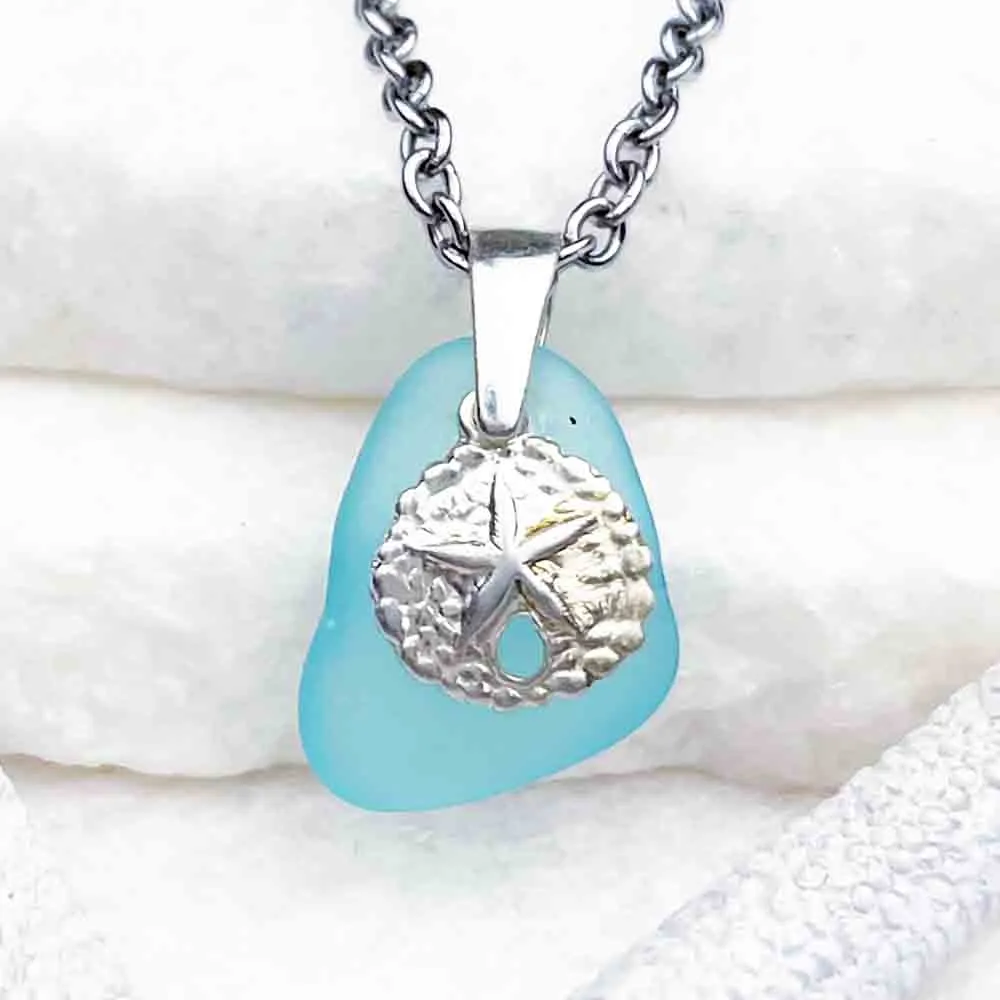 Glistening Aqua Sea Glass Pendant with Sand Dollar Charm | 5222