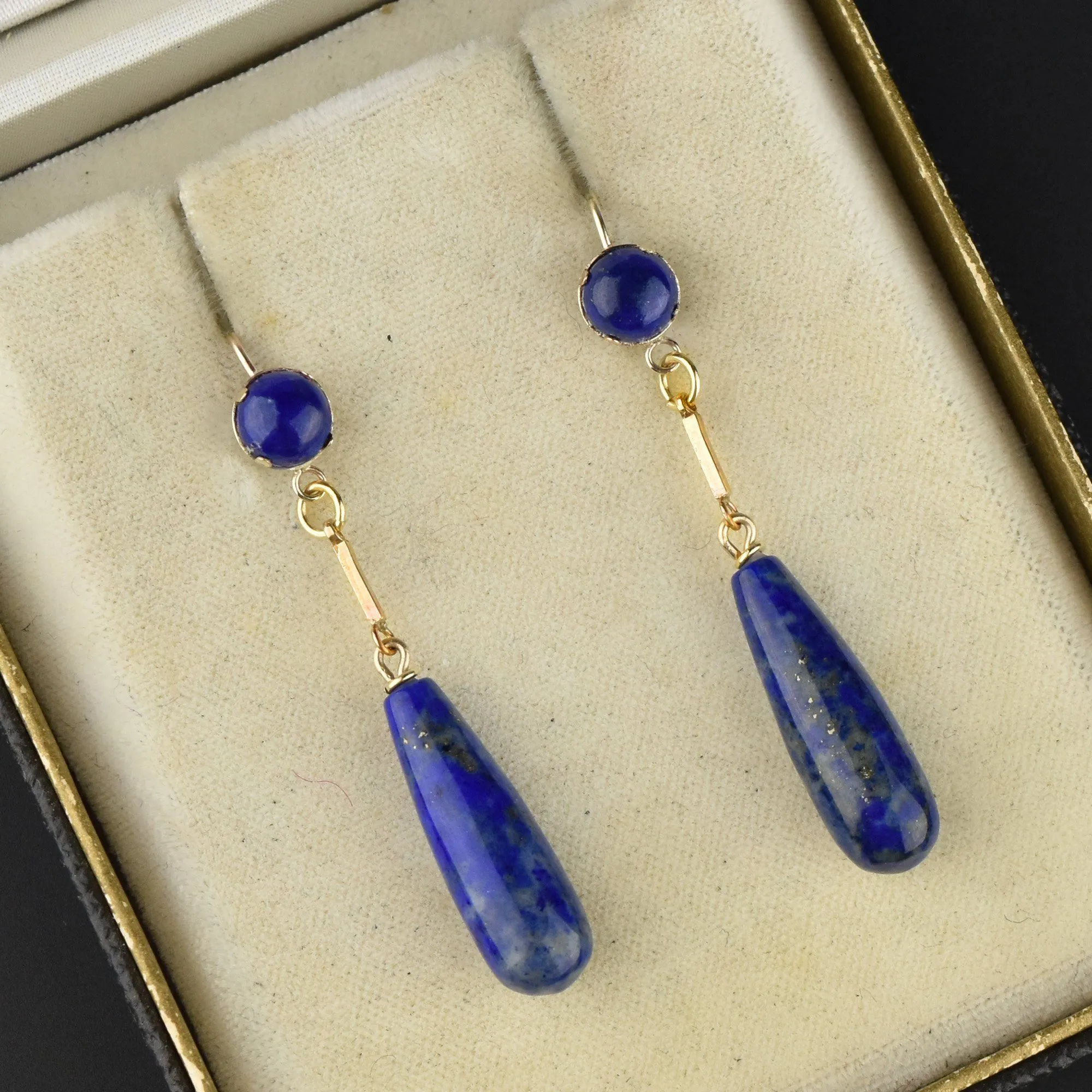 Gold Lapis Lazuli Teardrop Long Dangle Earrings