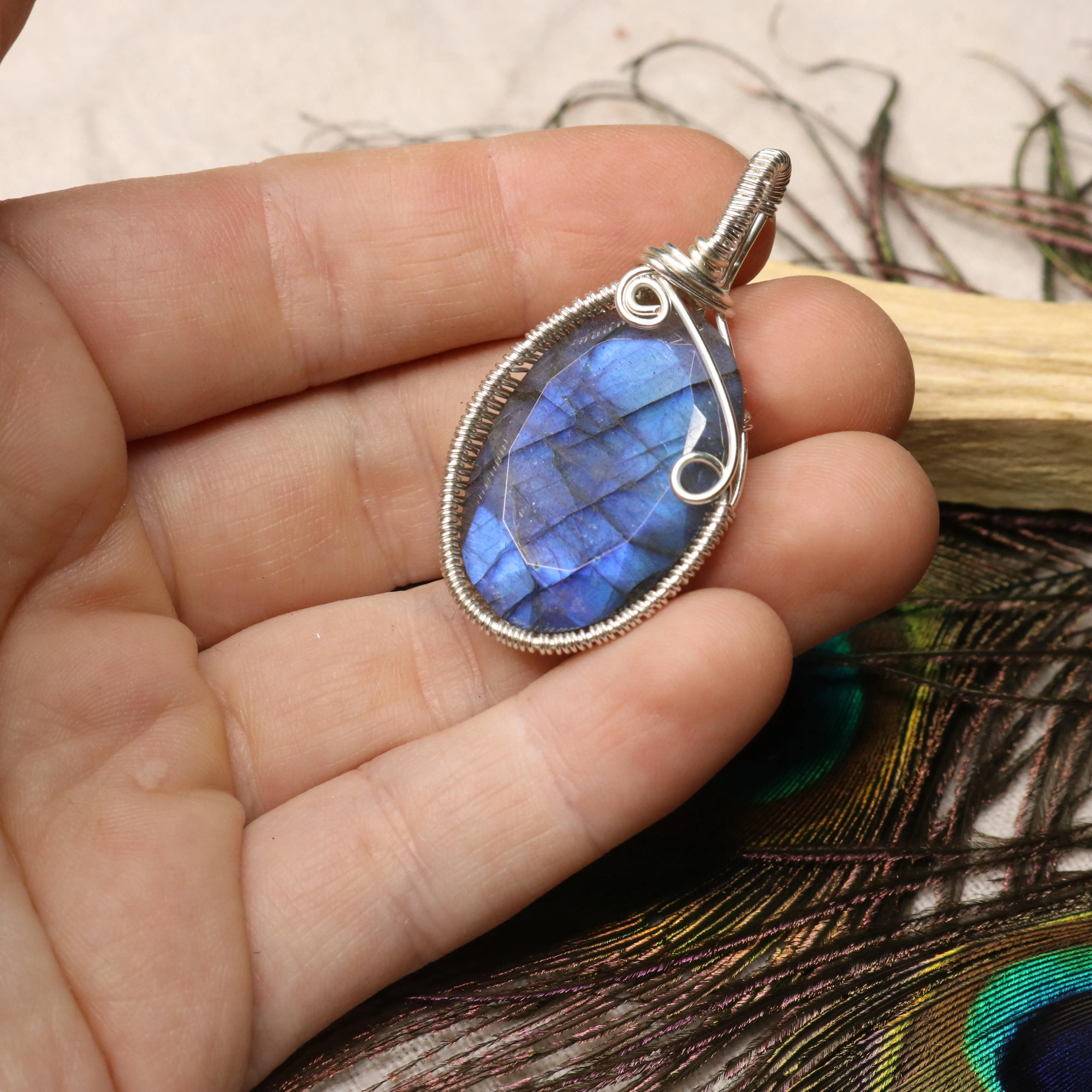 Gorgeous Flashy Blue Faceted Labradorite Pendant ~ Wire Wrapped by Hand ~ Includes Silver Chain