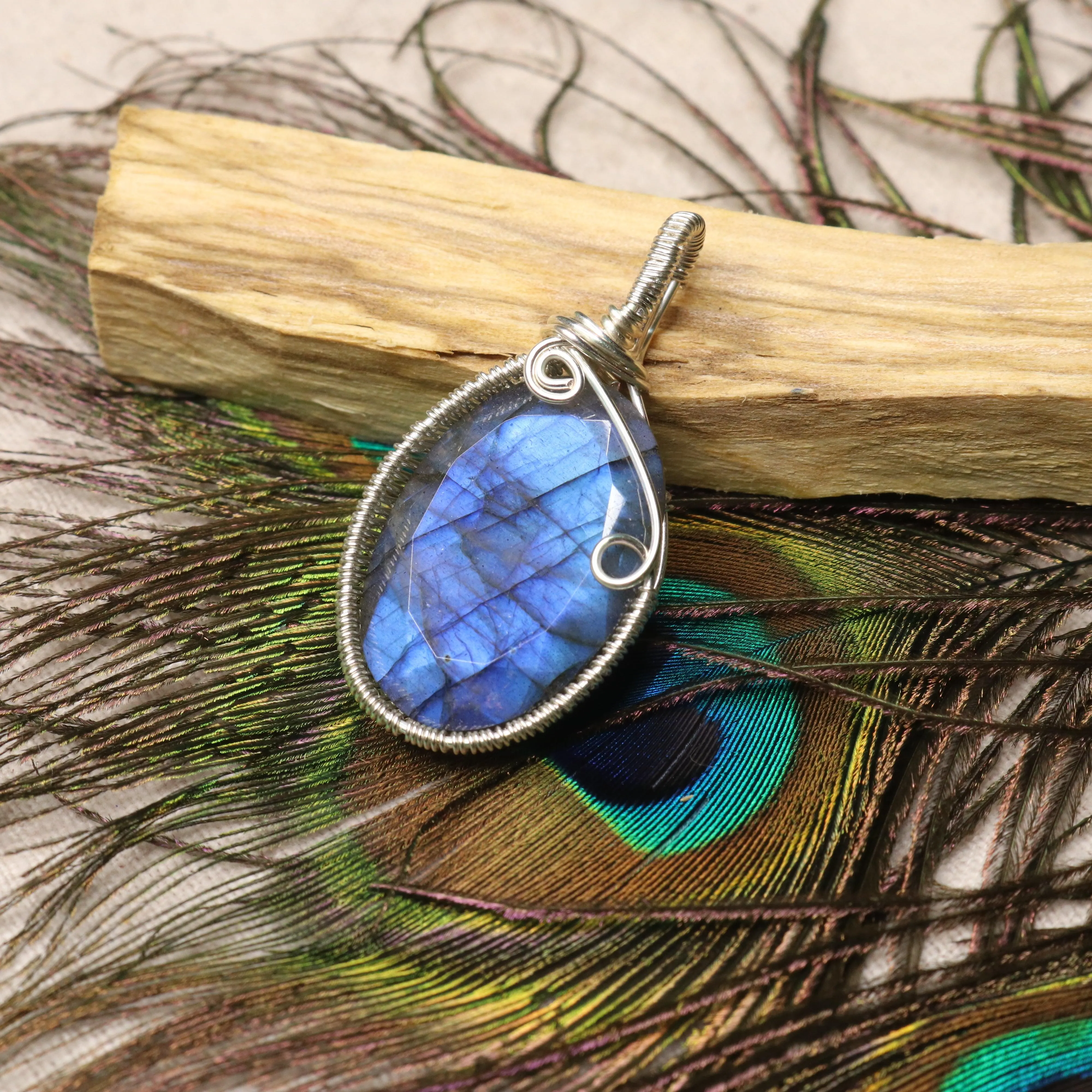 Gorgeous Flashy Blue Faceted Labradorite Pendant ~ Wire Wrapped by Hand ~ Includes Silver Chain