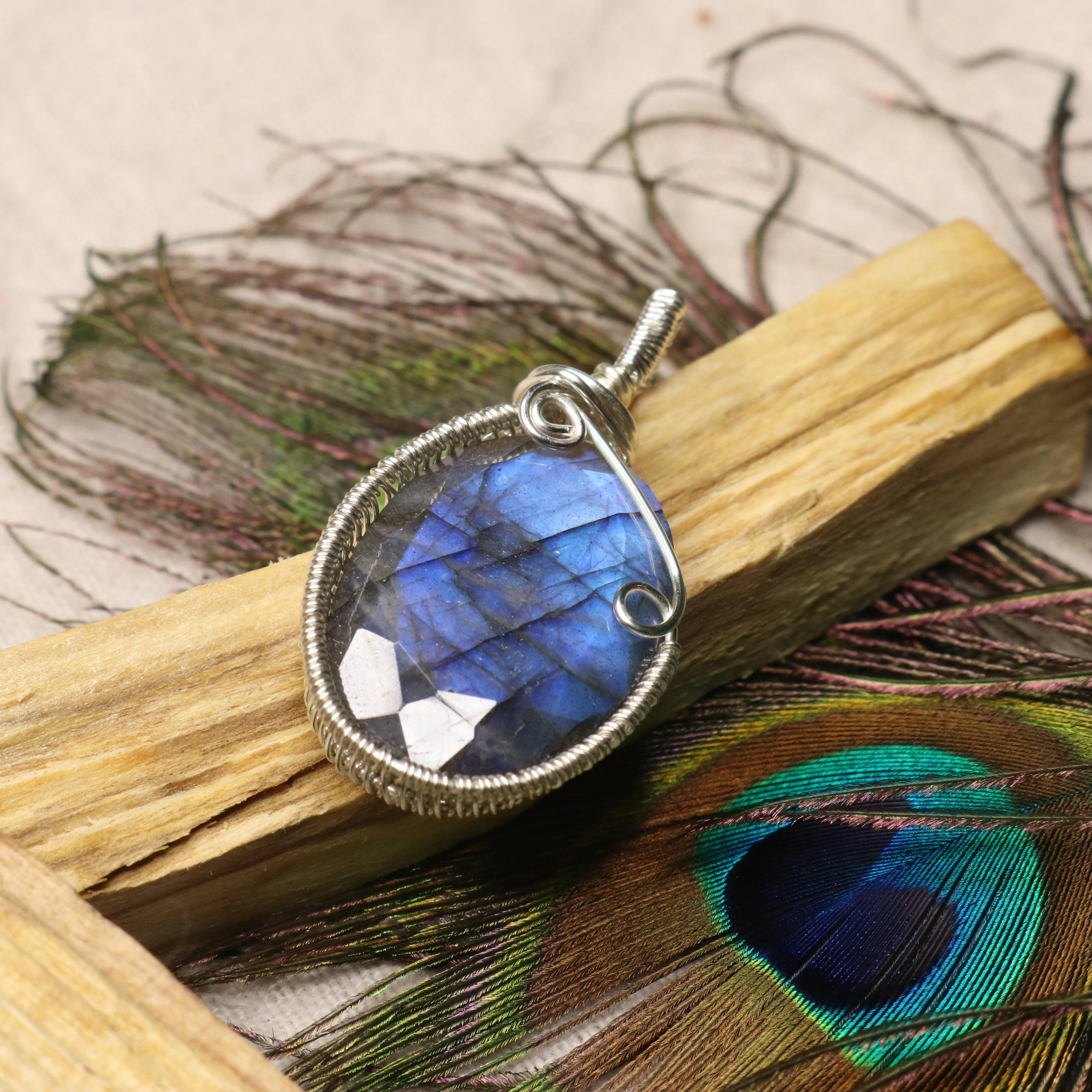 Gorgeous Flashy Blue Faceted Labradorite Pendant ~ Wire Wrapped by Hand ~ Includes Silver Chain