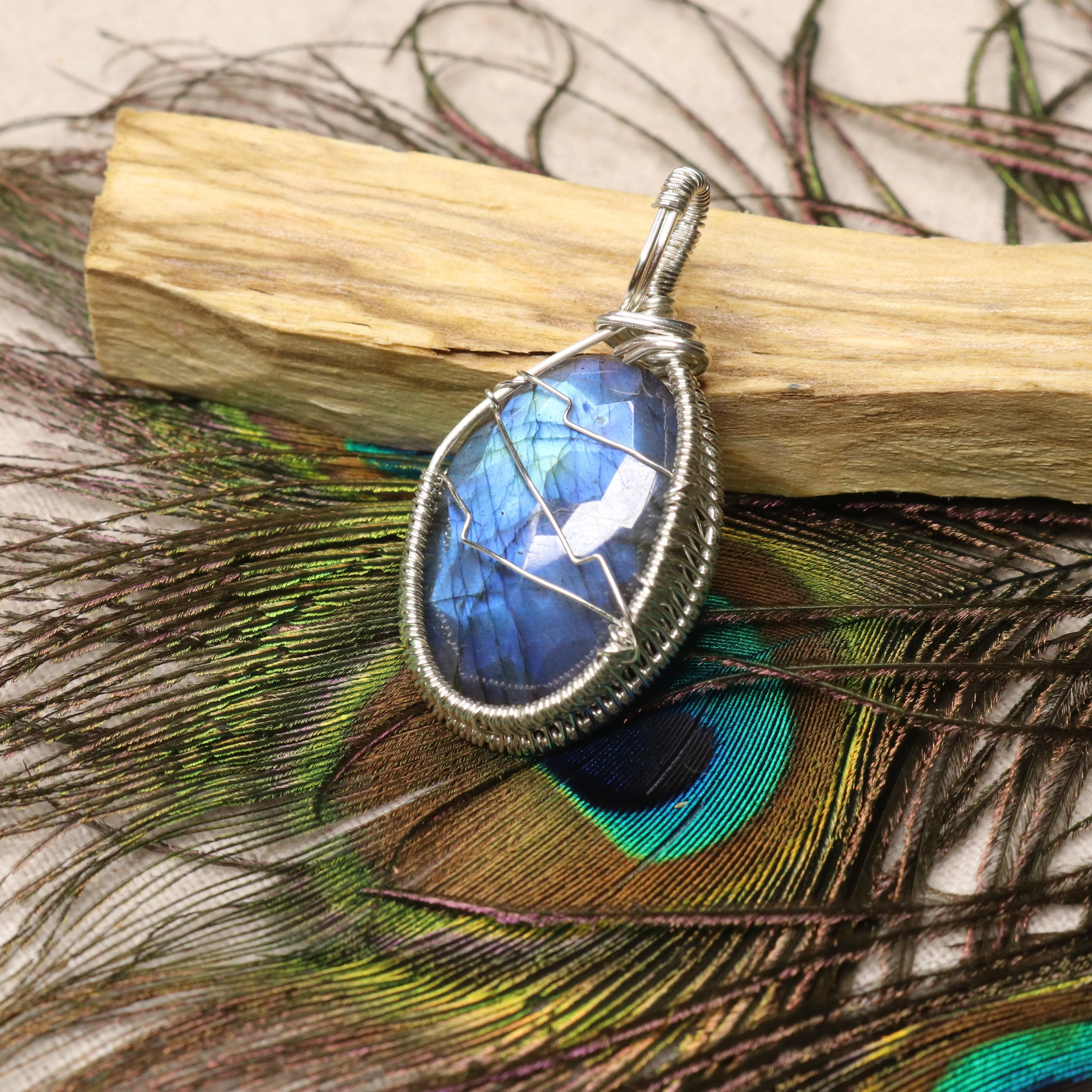 Gorgeous Flashy Blue Faceted Labradorite Pendant ~ Wire Wrapped by Hand ~ Includes Silver Chain