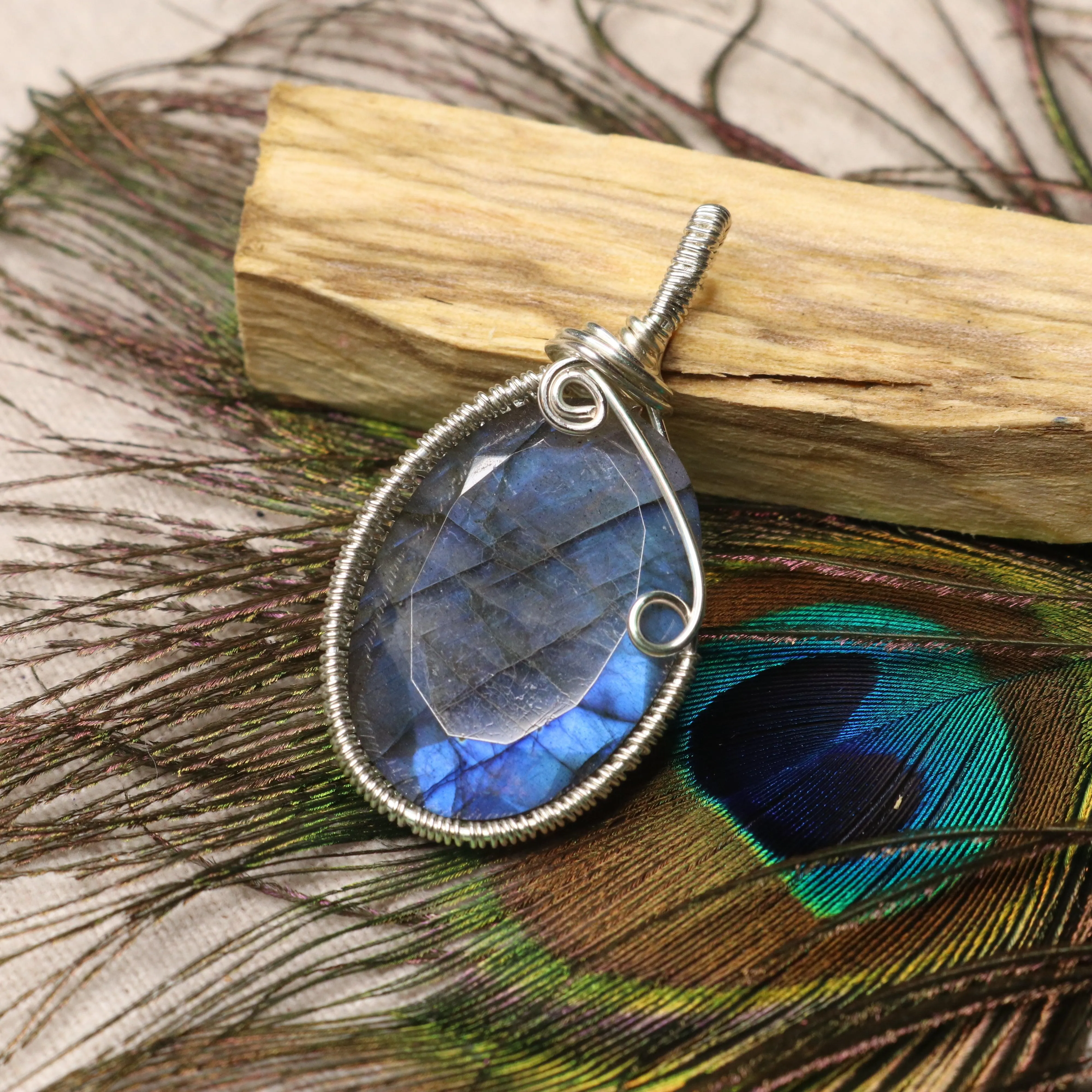 Gorgeous Flashy Blue Faceted Labradorite Pendant ~ Wire Wrapped by Hand ~ Includes Silver Chain