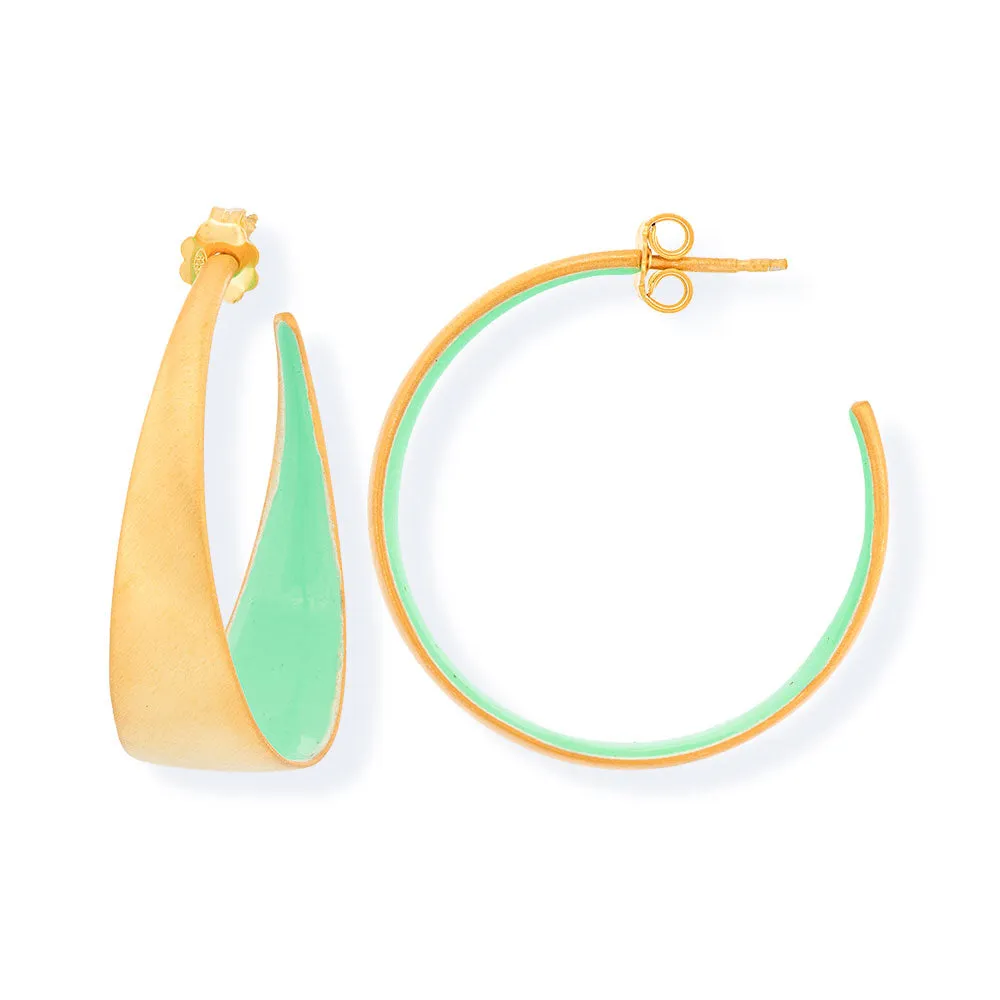 Handmade Gold Plated Silver Hoop Earrings With Light Green Enamel