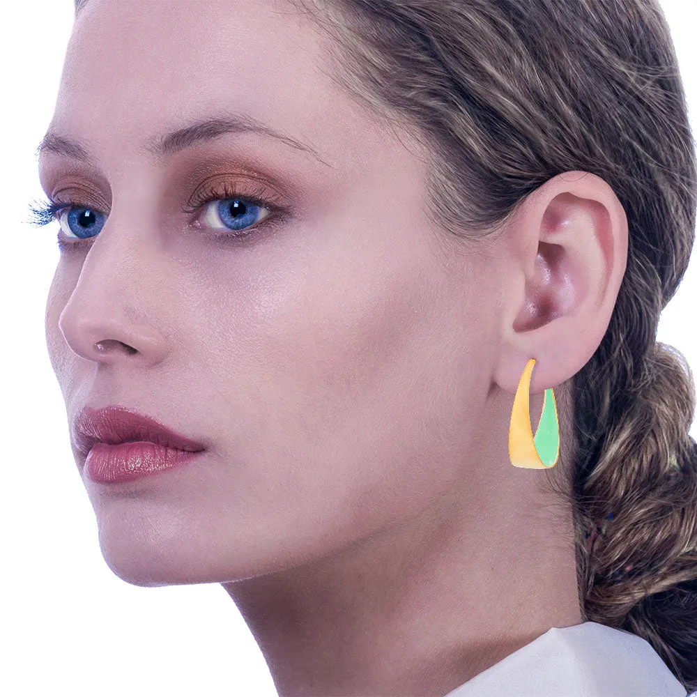 Handmade Gold Plated Silver Hoop Earrings With Light Green Enamel