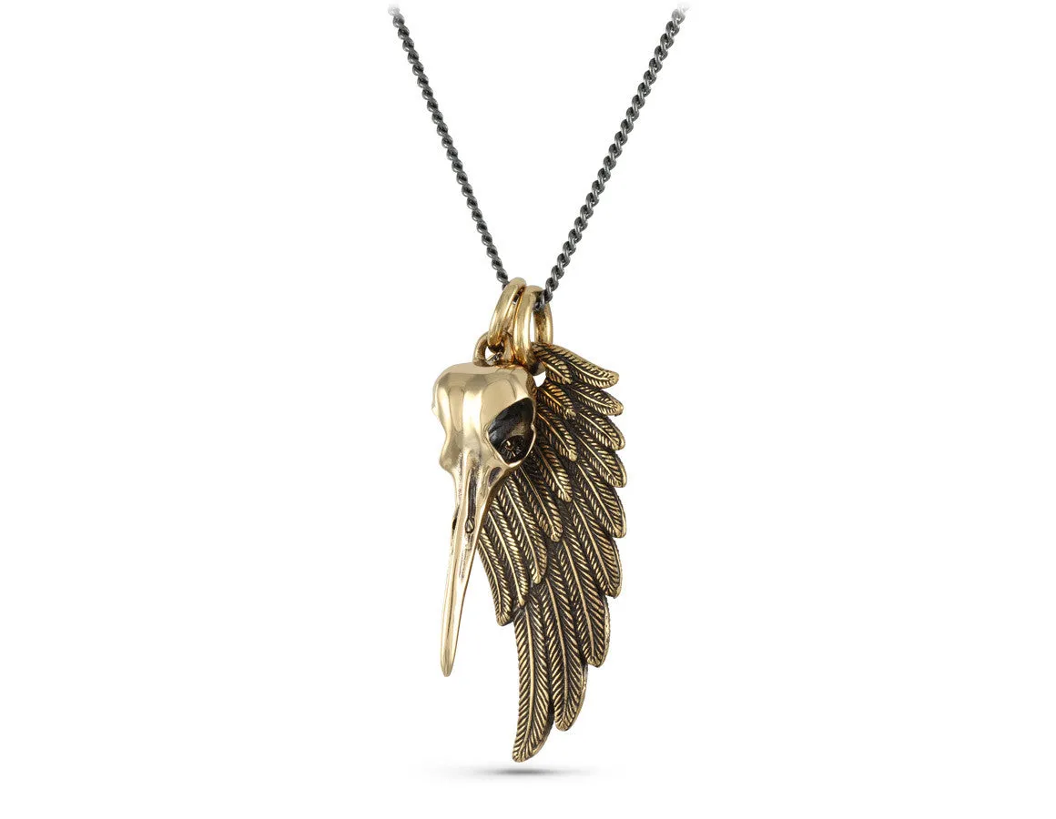 Hummingbird Skull & Wing Necklace - Bronze