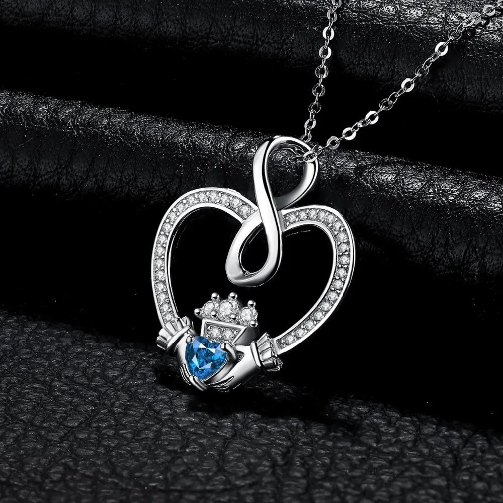 Infinity Claddagh & Blue Topaz Pendant Necklace 925 Sterling Silver