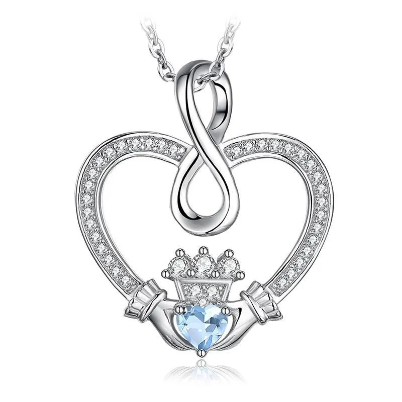 Infinity Claddagh & Blue Topaz Pendant Necklace 925 Sterling Silver