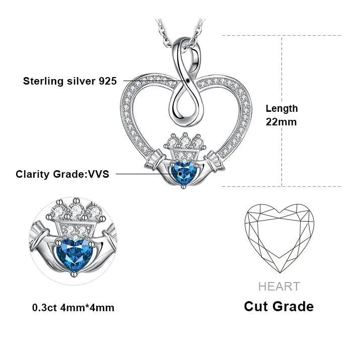 Infinity Claddagh & Blue Topaz Pendant Necklace 925 Sterling Silver