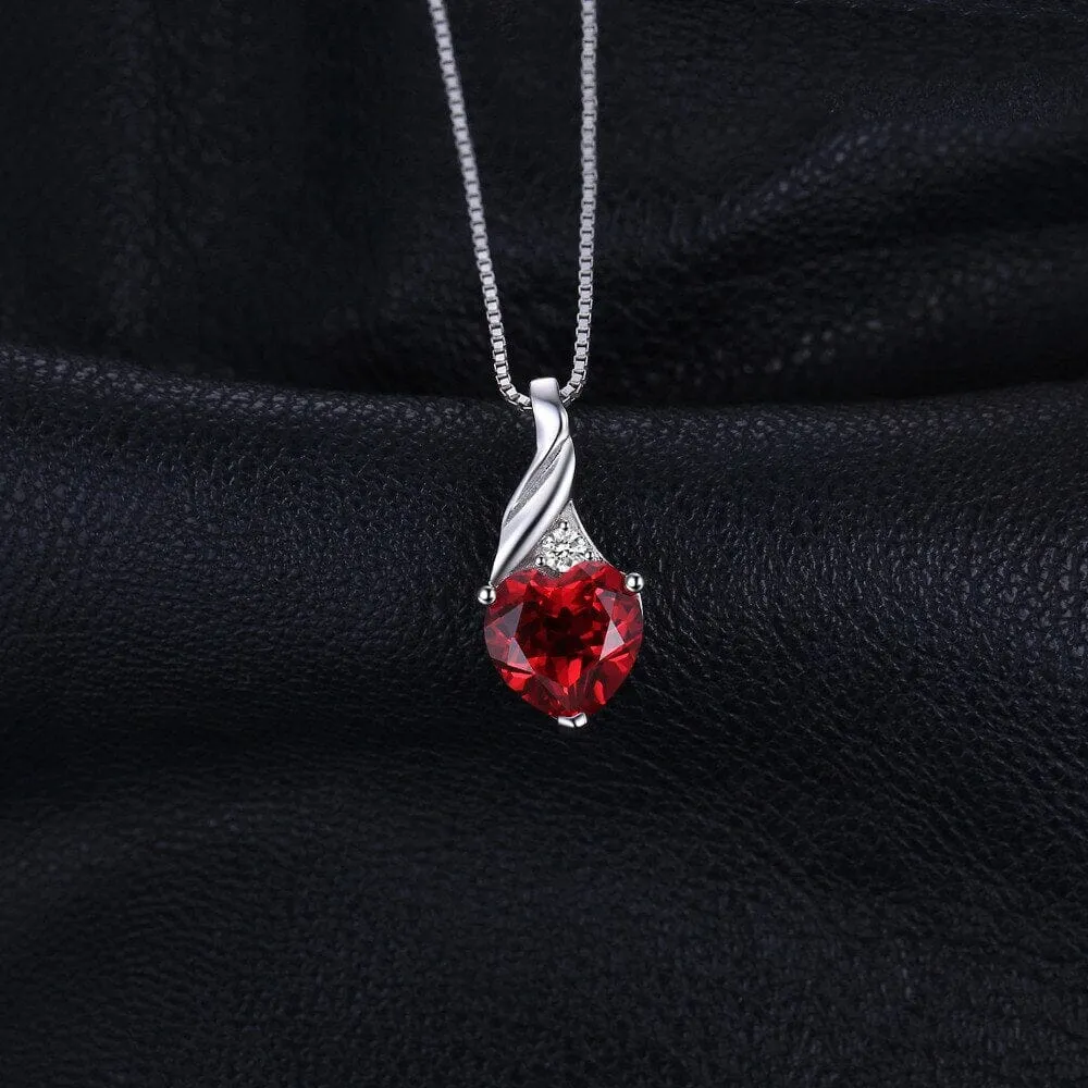 Love Heart Created Ruby Pendant Necklace - 925 Sterling Silver (Without Chain)