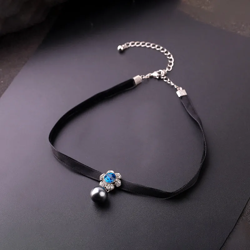 Luxury Blue Crystal Velvet Choker Necklace Earring Set