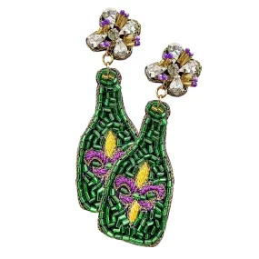 Mardi Gras Beaded Fleur de Lis Pointed Champagne Dangle Earrings