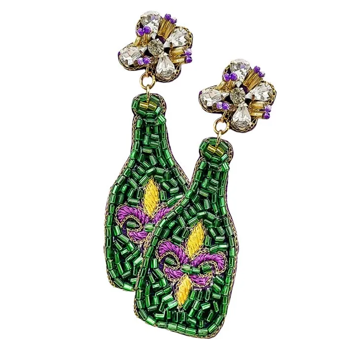 Mardi Gras Beaded Fleur de Lis Pointed Champagne Dangle Earrings