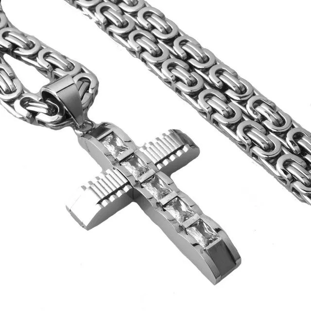 Mechanical Silver Crucifix Pendant and Byzantine Chain Necklace