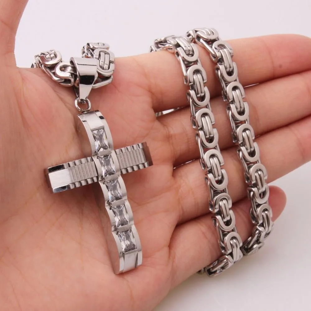 Mechanical Silver Crucifix Pendant and Byzantine Chain Necklace