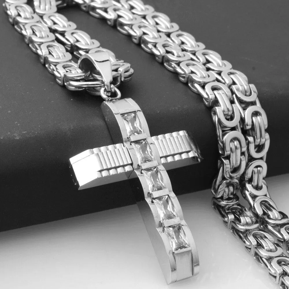 Mechanical Silver Crucifix Pendant and Byzantine Chain Necklace