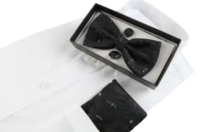 Mens Black Paisley Tinsel Matching Bow Tie, Pocket Square & Cuff Links Set