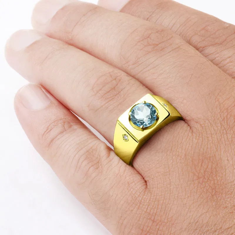 Men's Ring with Blue Topaz and Diamonds in 14k Yellow Gold