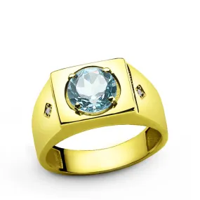 Men's Ring with Blue Topaz and Diamonds in 14k Yellow Gold