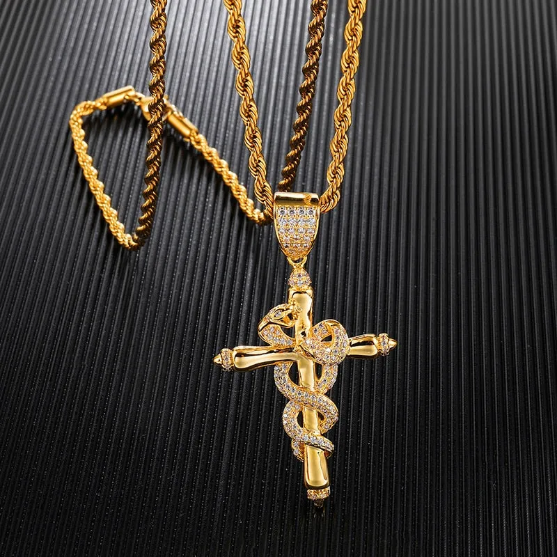 Micro-Paved Cubic-Zirconia-Studded Cross with Snake Hip-hop Pendant Necklace