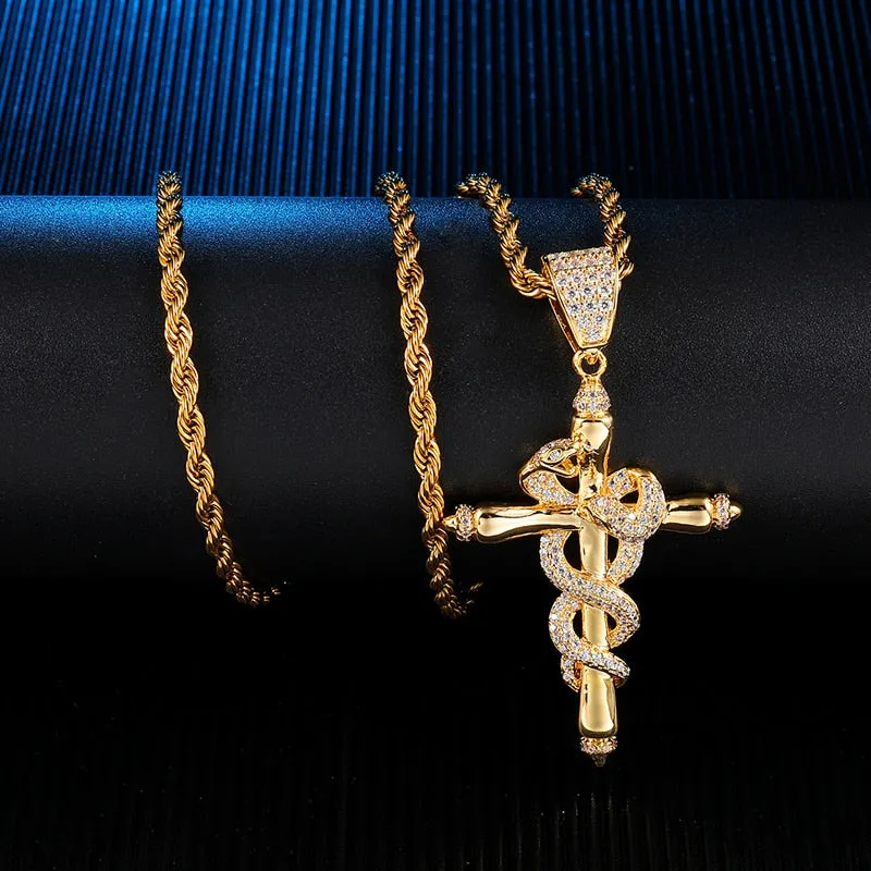 Micro-Paved Cubic-Zirconia-Studded Cross with Snake Hip-hop Pendant Necklace