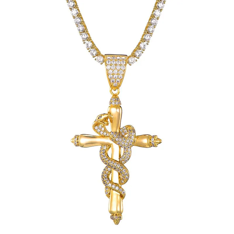 Micro-Paved Cubic-Zirconia-Studded Cross with Snake Hip-hop Pendant Necklace