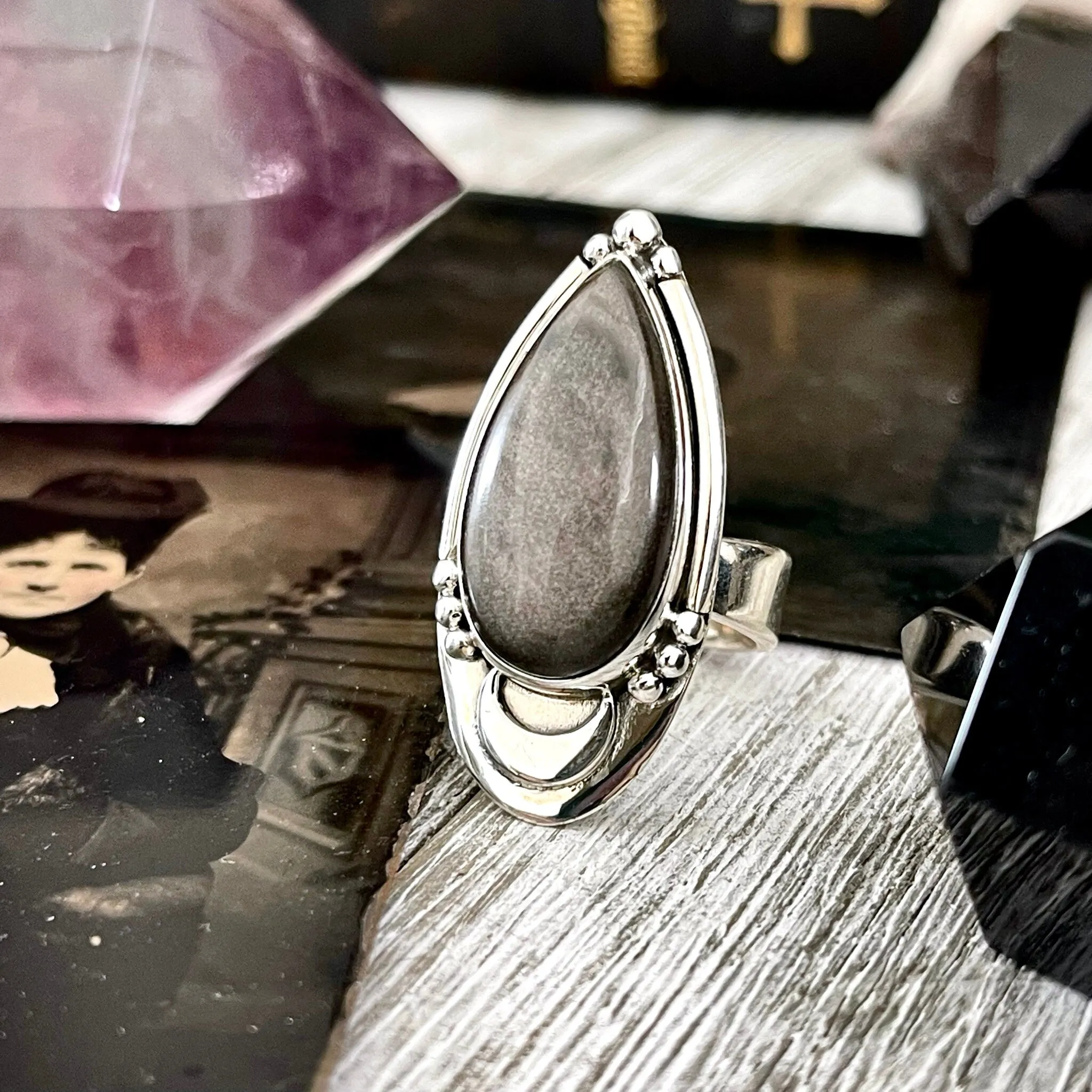 Midnight Moon Crystal Ring Silver Sheen Obsidian in Sterling Silver / Designed by FOXLARK - Adjustable to Size 6 7 8 9