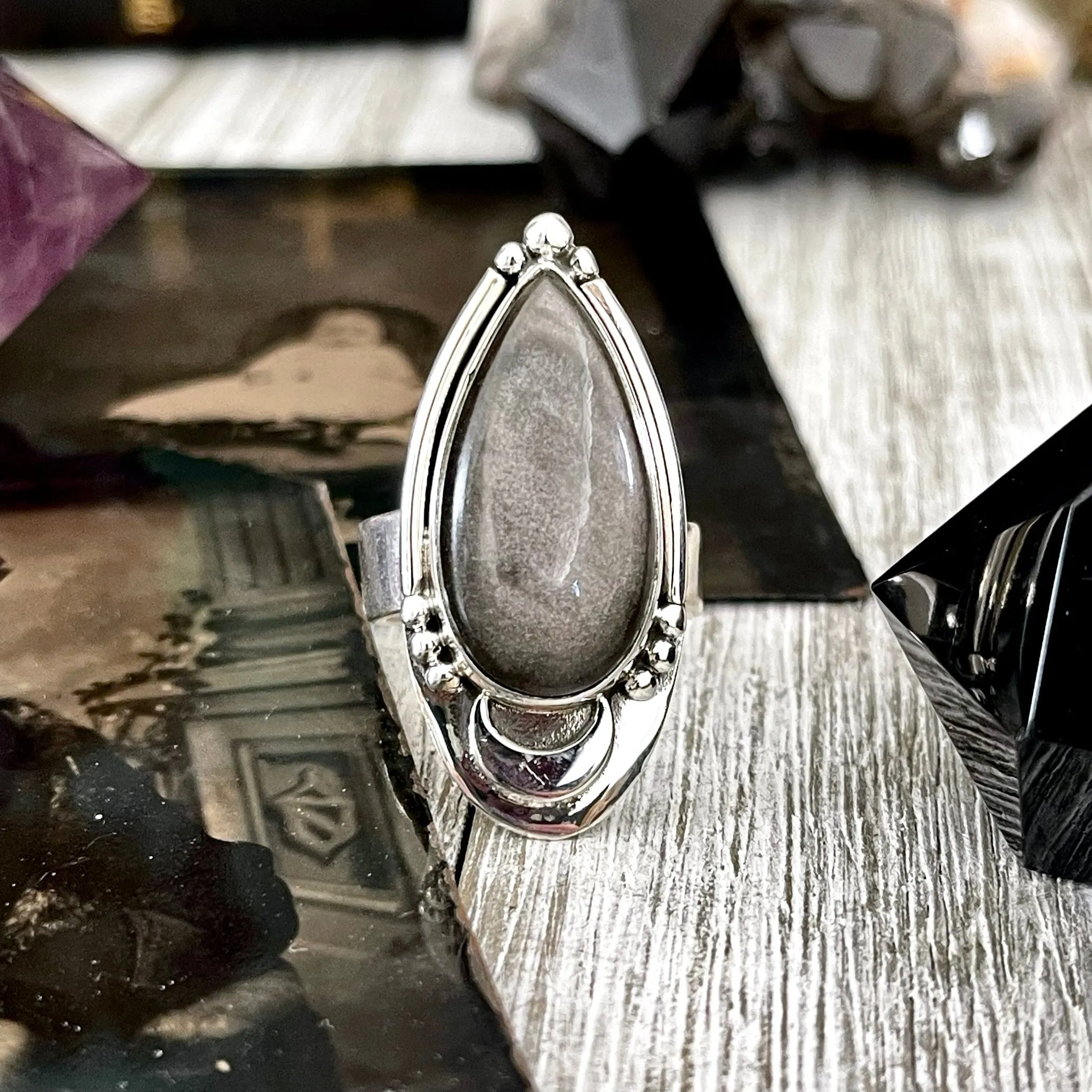 Midnight Moon Crystal Ring Silver Sheen Obsidian in Sterling Silver / Designed by FOXLARK - Adjustable to Size 6 7 8 9