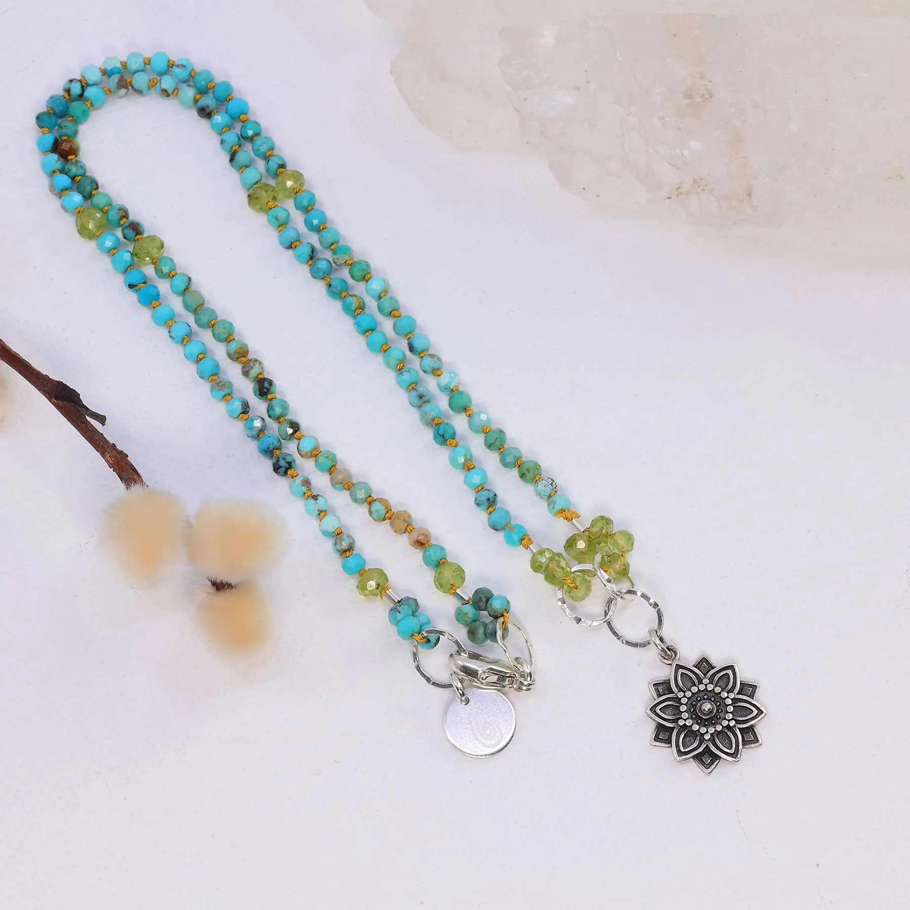 Mindfulness - Turquoise Peridot Silver Mandala Pendant Necklace