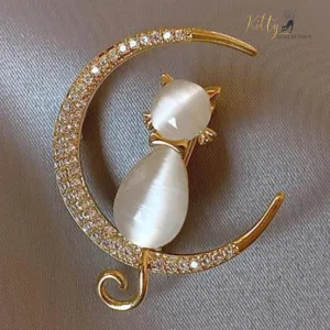 Moon Kitty Brooch in Natural Opal and Cubic Zirconia