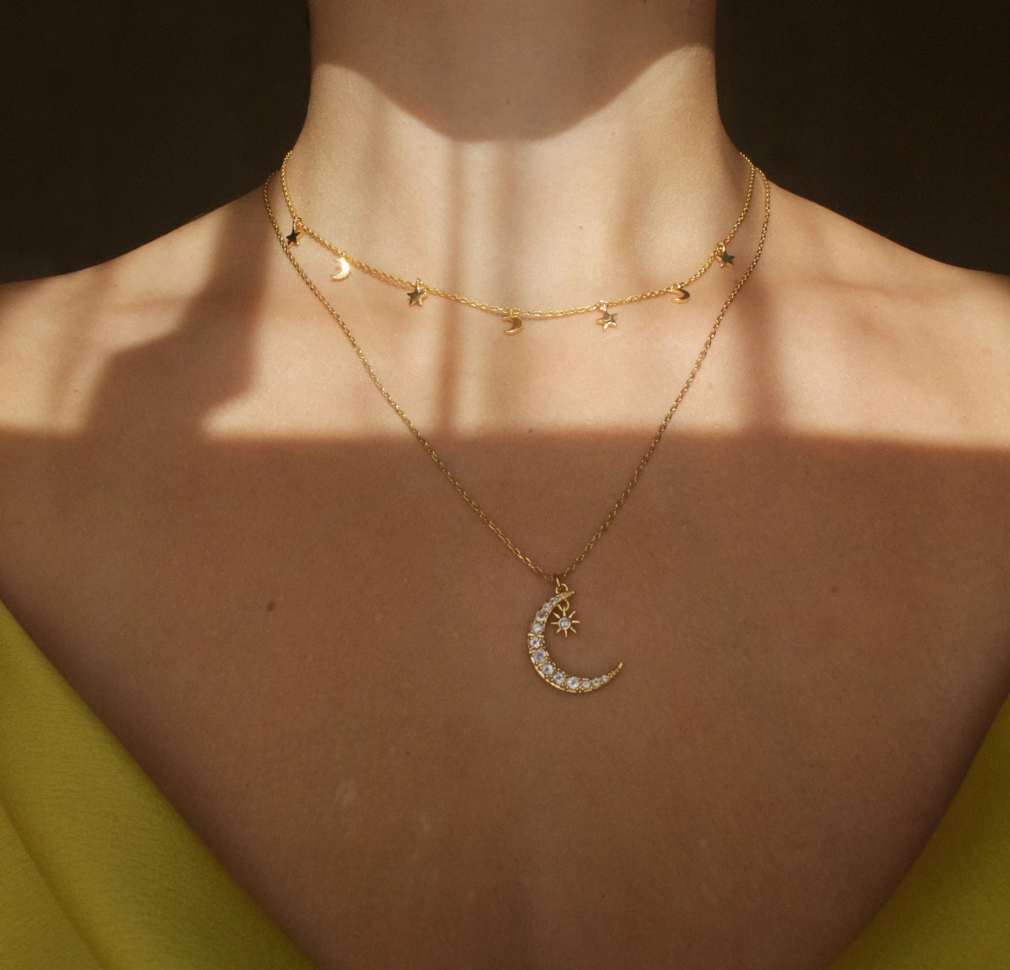 Moonstone & Diamond Crescent Moon Necklace