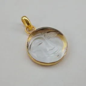 Natural Crystal Quartz Healing Stone Gold Plated Moon Face Pendant