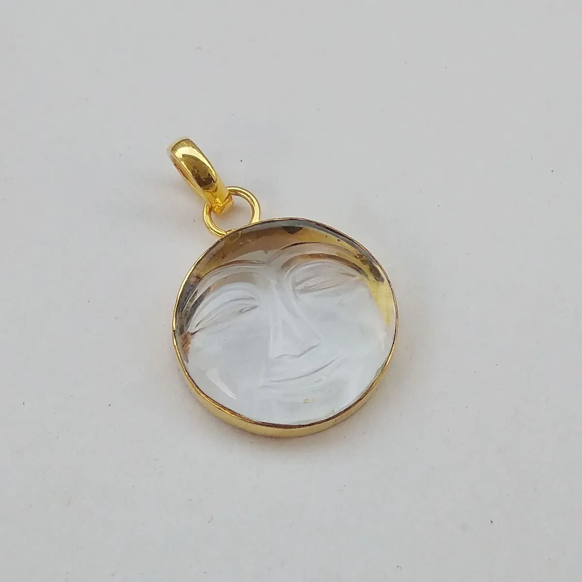 Natural Crystal Quartz Healing Stone Gold Plated Moon Face Pendant