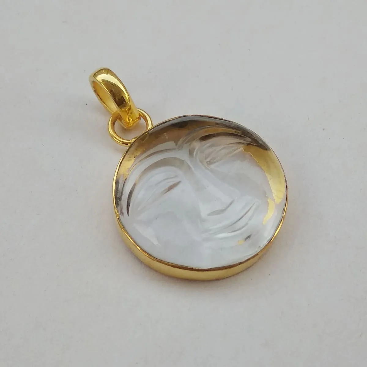 Natural Crystal Quartz Healing Stone Gold Plated Moon Face Pendant