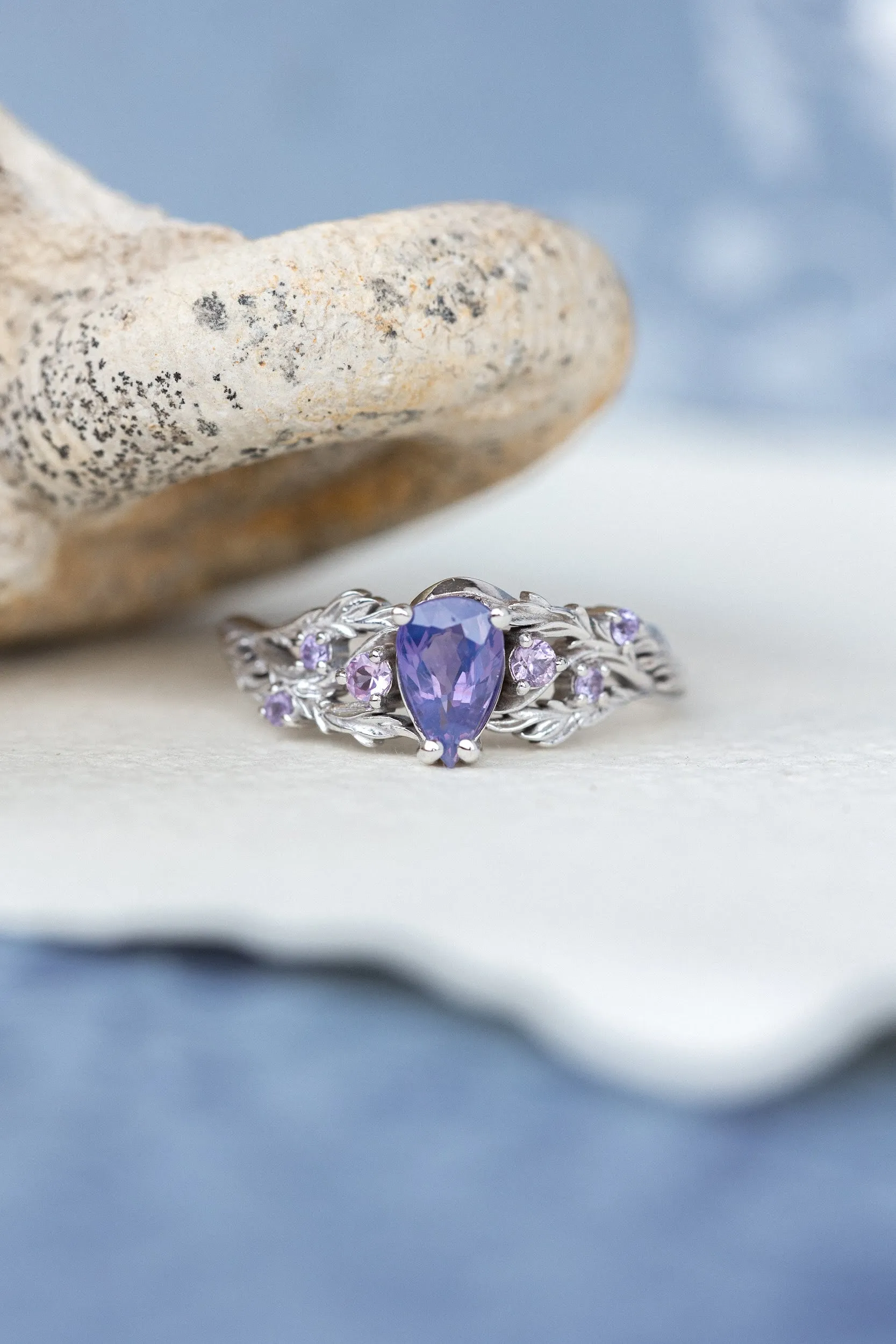 Nature inspired opalescent purple sapphire engagement ring, gold vines and leaves ring with sapphires / Japanese Maple