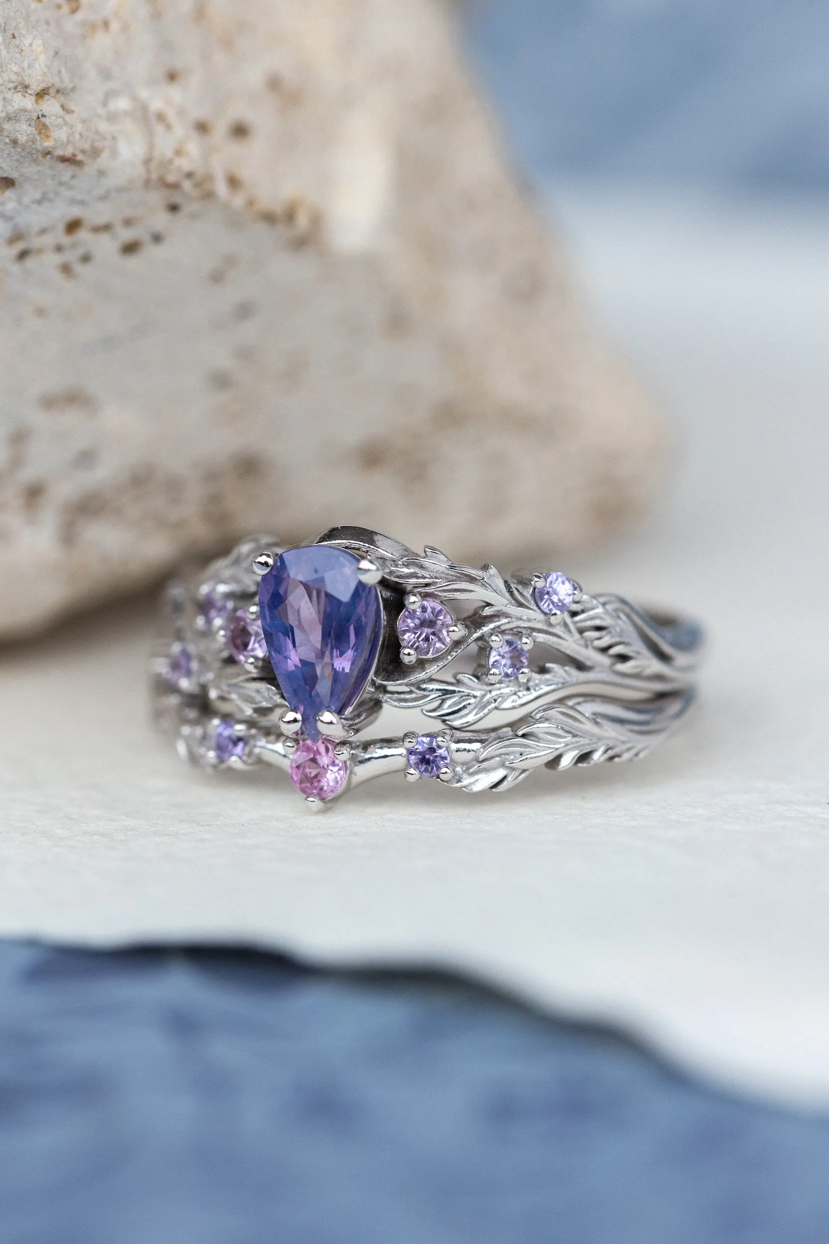 Nature inspired opalescent purple sapphire engagement ring, gold vines and leaves ring with sapphires / Japanese Maple