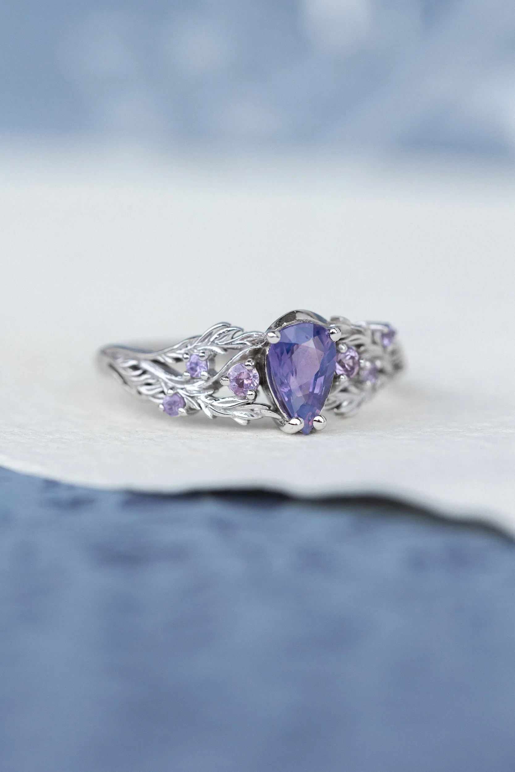 Nature inspired opalescent purple sapphire engagement ring, gold vines and leaves ring with sapphires / Japanese Maple