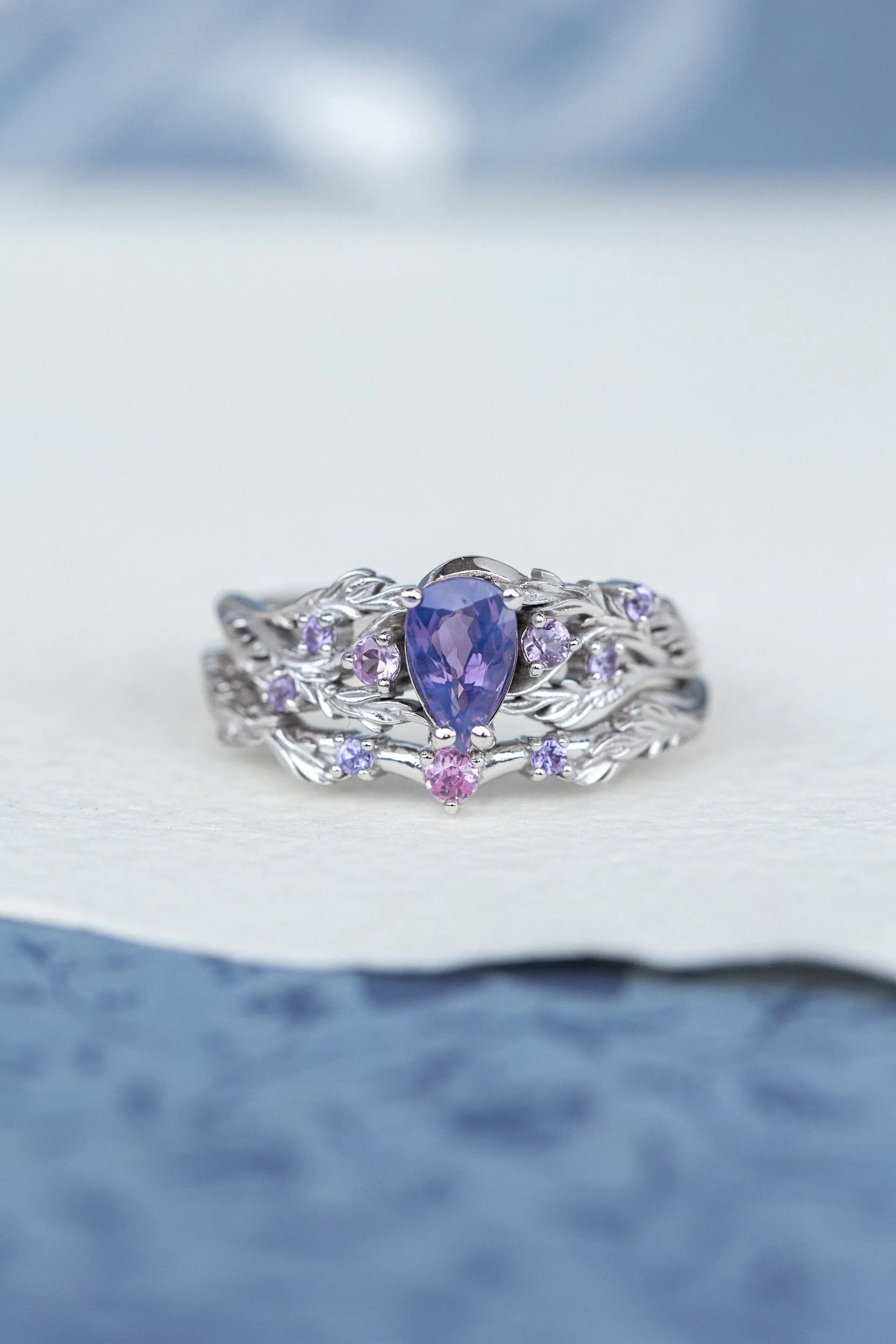 Nature inspired opalescent purple sapphire engagement ring, gold vines and leaves ring with sapphires / Japanese Maple