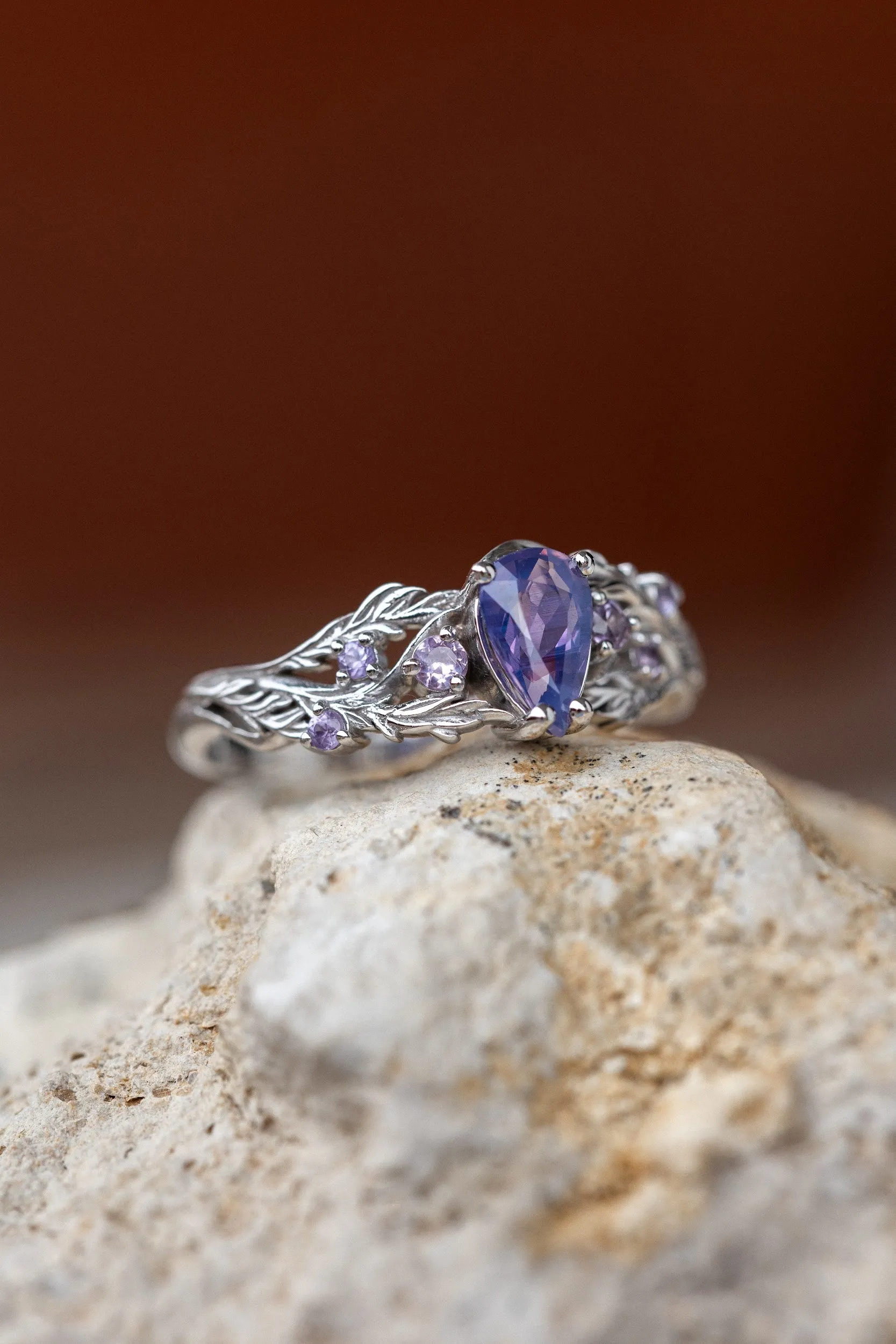 Nature inspired opalescent purple sapphire engagement ring, gold vines and leaves ring with sapphires / Japanese Maple