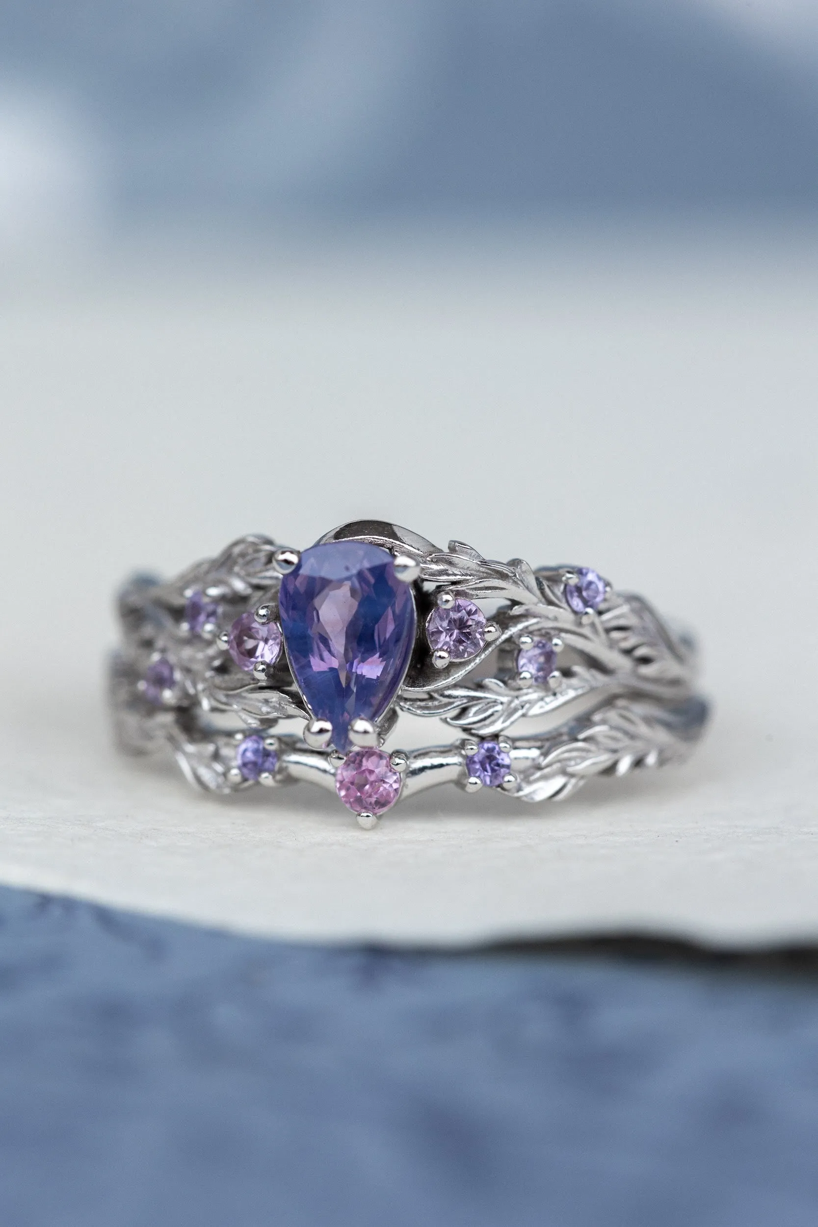 Nature inspired opalescent purple sapphire engagement ring, gold vines and leaves ring with sapphires / Japanese Maple