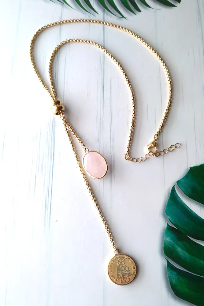 Oval Rose Quartz with Miraculous Medal Charm Slider Necklace