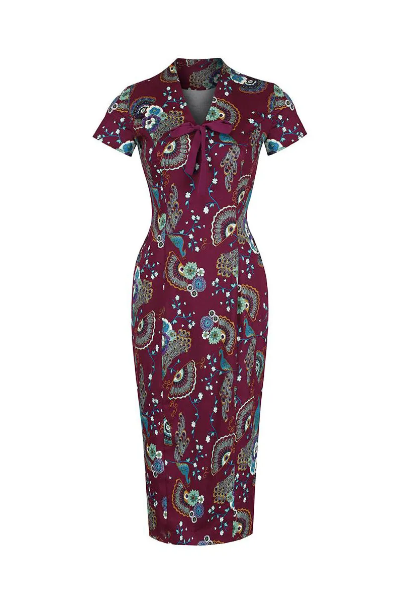 Plum Purple Bird Peacock Floral Print V Neck Wiggle Dress