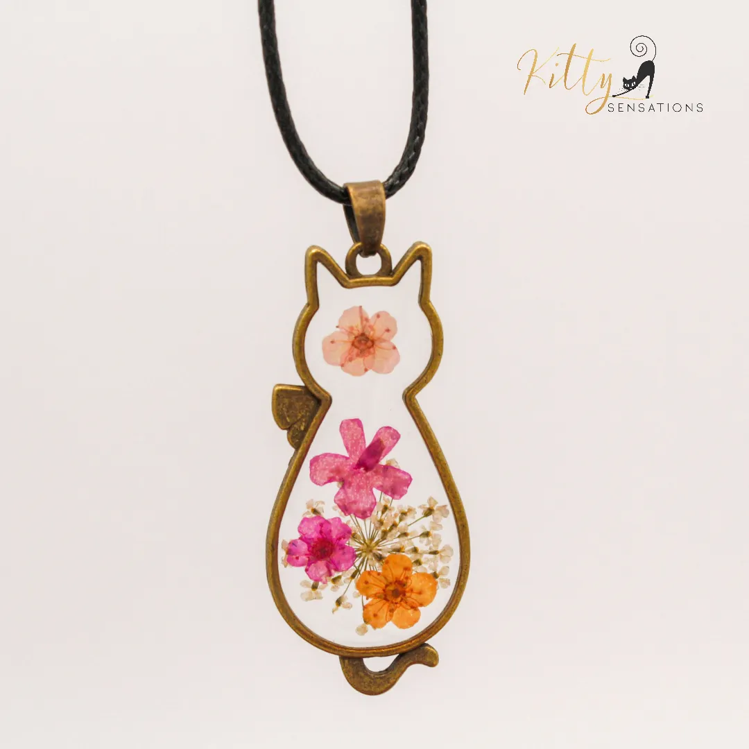 Pressed Flower Cat Necklace in Acrylic and Real Flowers