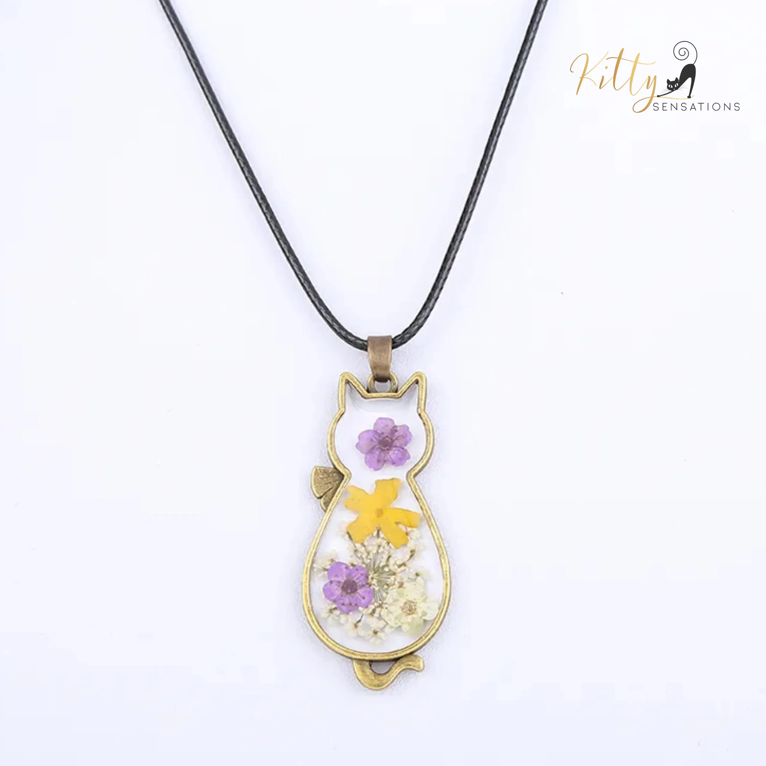 Pressed Flower Cat Necklace in Acrylic and Real Flowers